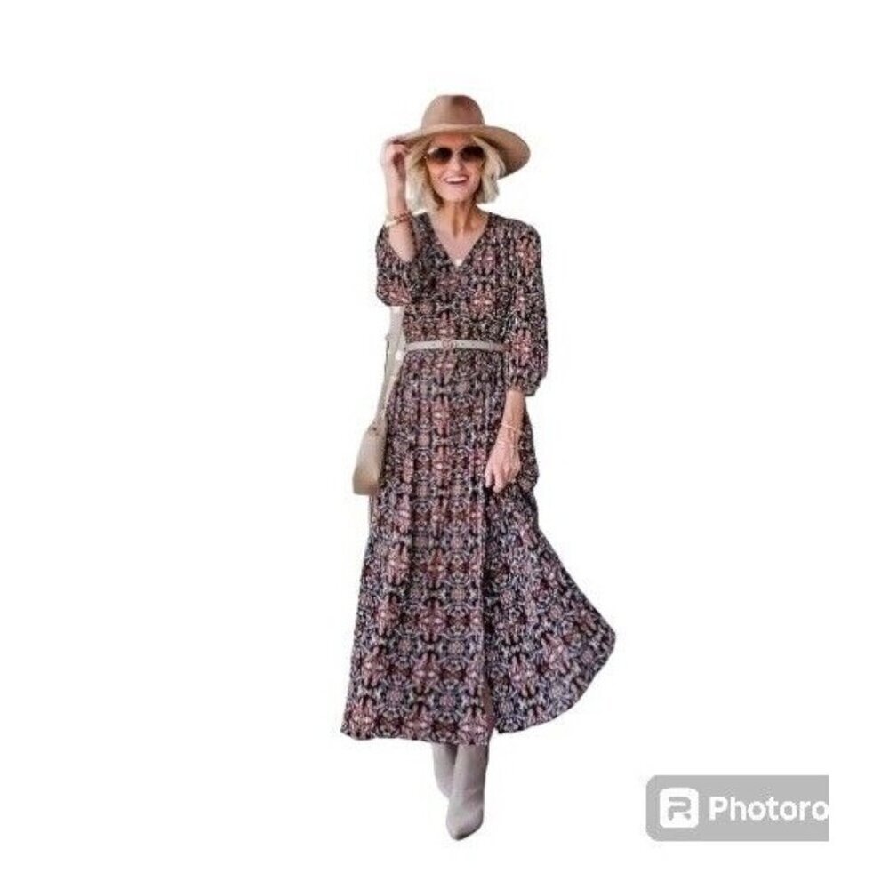 Knox Rose Midi  Faux Wrap Dress XS  Floral Tiered Maxi V Neck Elastic Waist